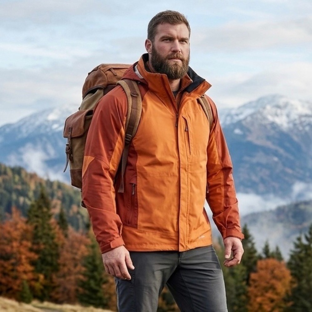 LL Bean Mens Orange Red Colorblock Hooded Rain Jacket Windbreaker Shell‎ Large